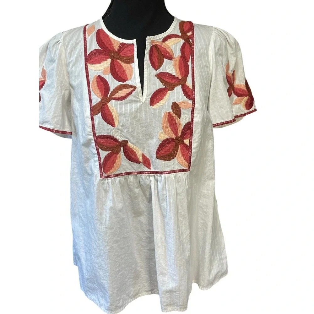 Madewell White Pink Burgundy Floral Embroidered Boho Blouse Top Size XS - Picture 1 of 12